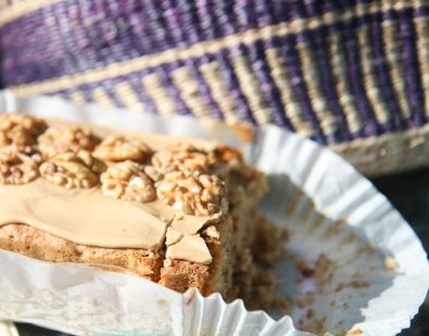 A slice of home-made walnut and coffee cake - our pedal bike tours combine gentle activity with lots of opportunities for tea and cake