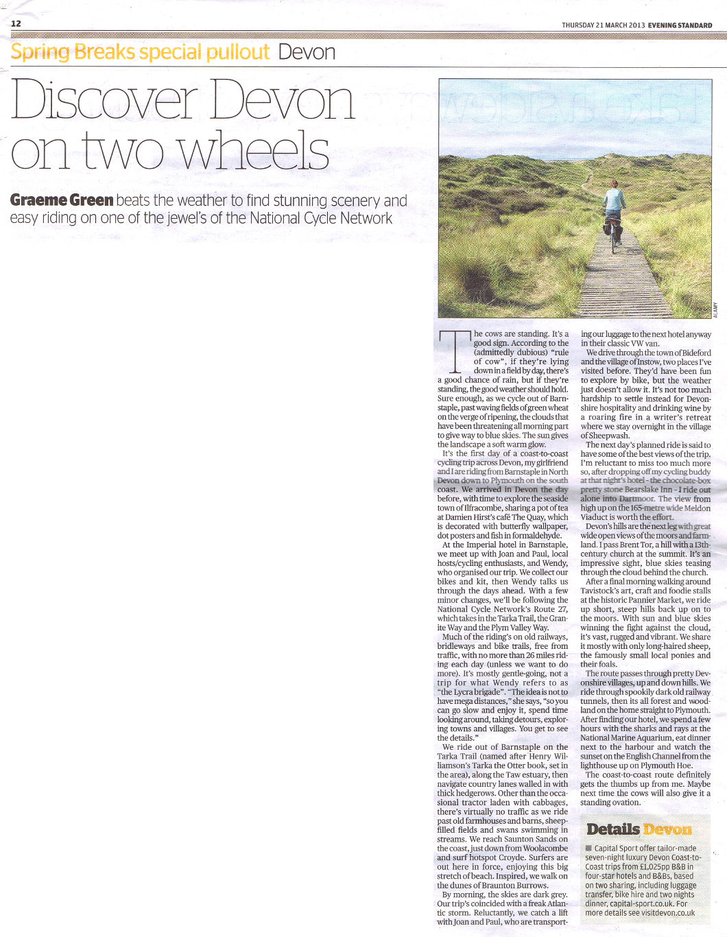 Discover Devon on two wheels, Evening Standard, 21 March 2013